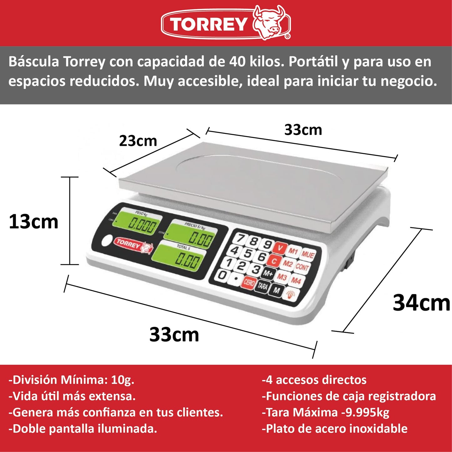 Báscula Digital Torrey SXE40 40kg precisión de 5g función peso precio pantalla iluminada batería recargable