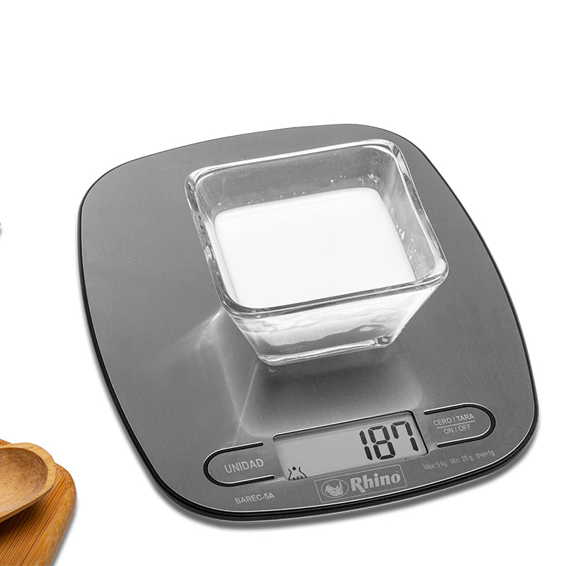 Bascula Digital Cocina Rhino Barec5-a Capacidad de 5kg Precisión de 1g Acero Inox.