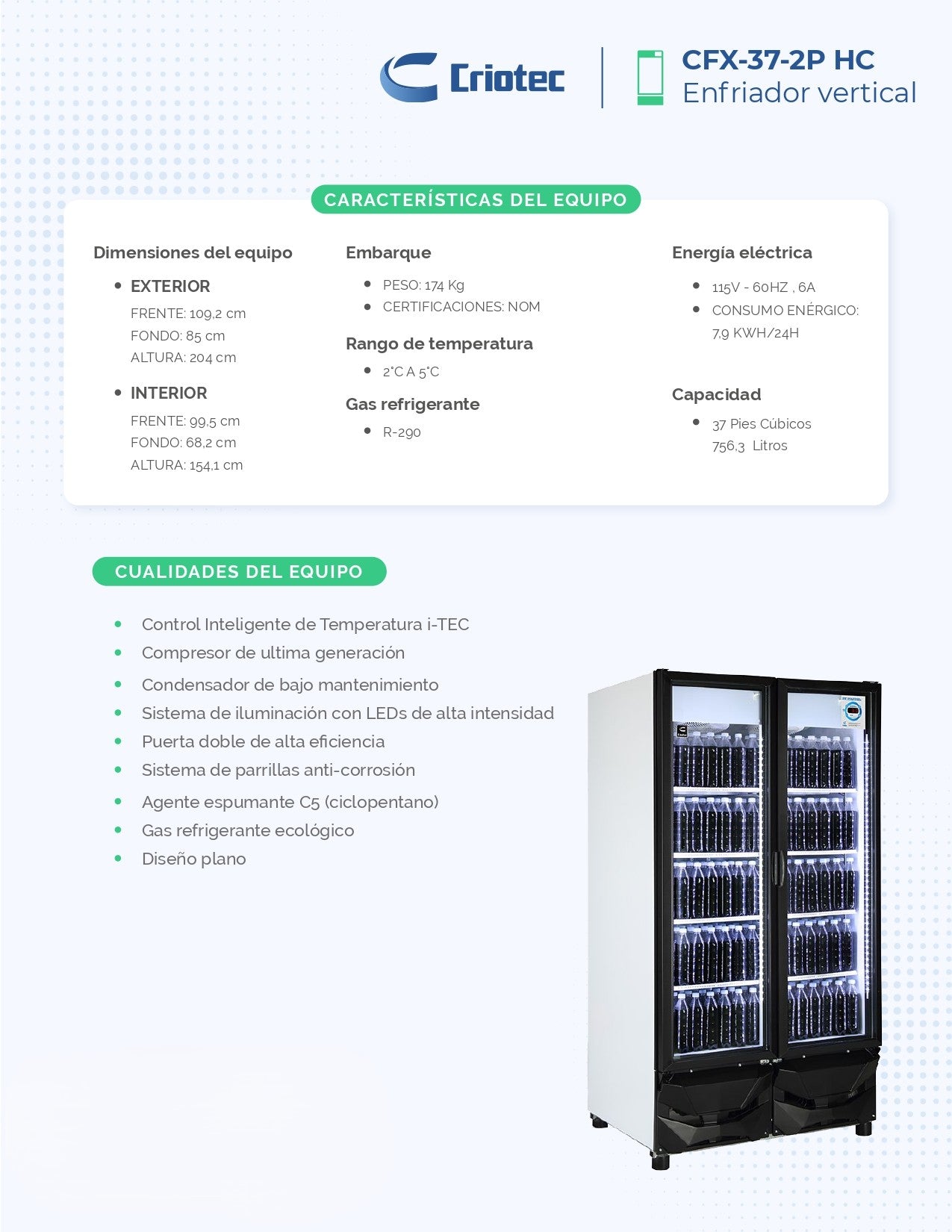 Refrigerador Exhibidor Comercial Vertical Criotec Cfx-37 2 Puertas 2°c A 5°c 37ft3 Blanco