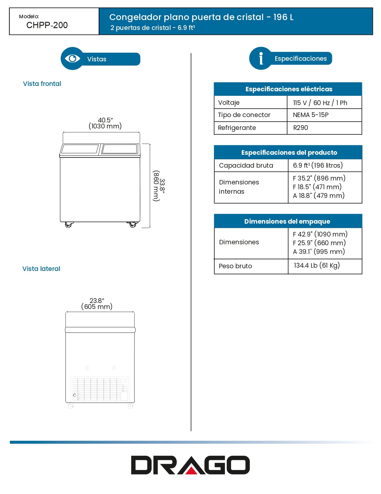 Congelador Paletero Comercial Drago Chpp-200 1.03m Frente