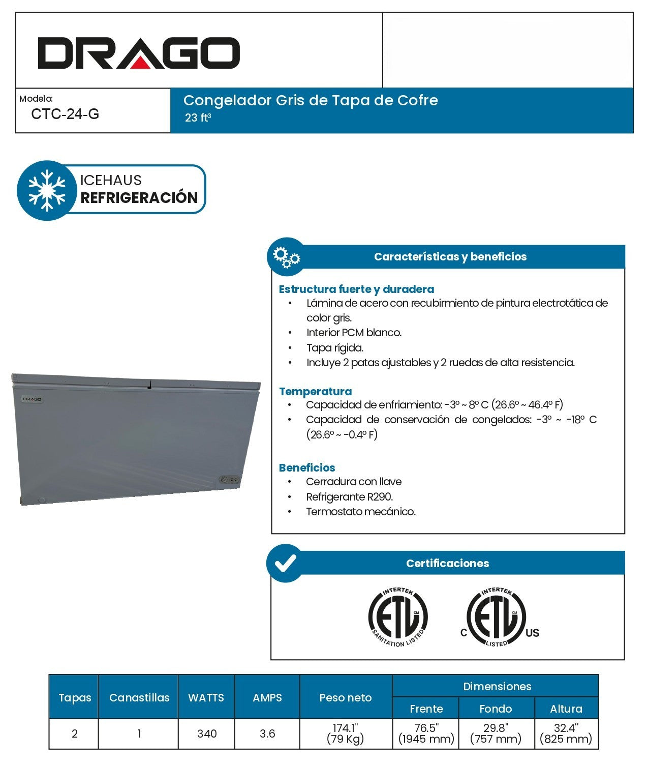 Congelador Horizontal Tapa Cofre 24ft3 Drago/icehaus Dual 680L