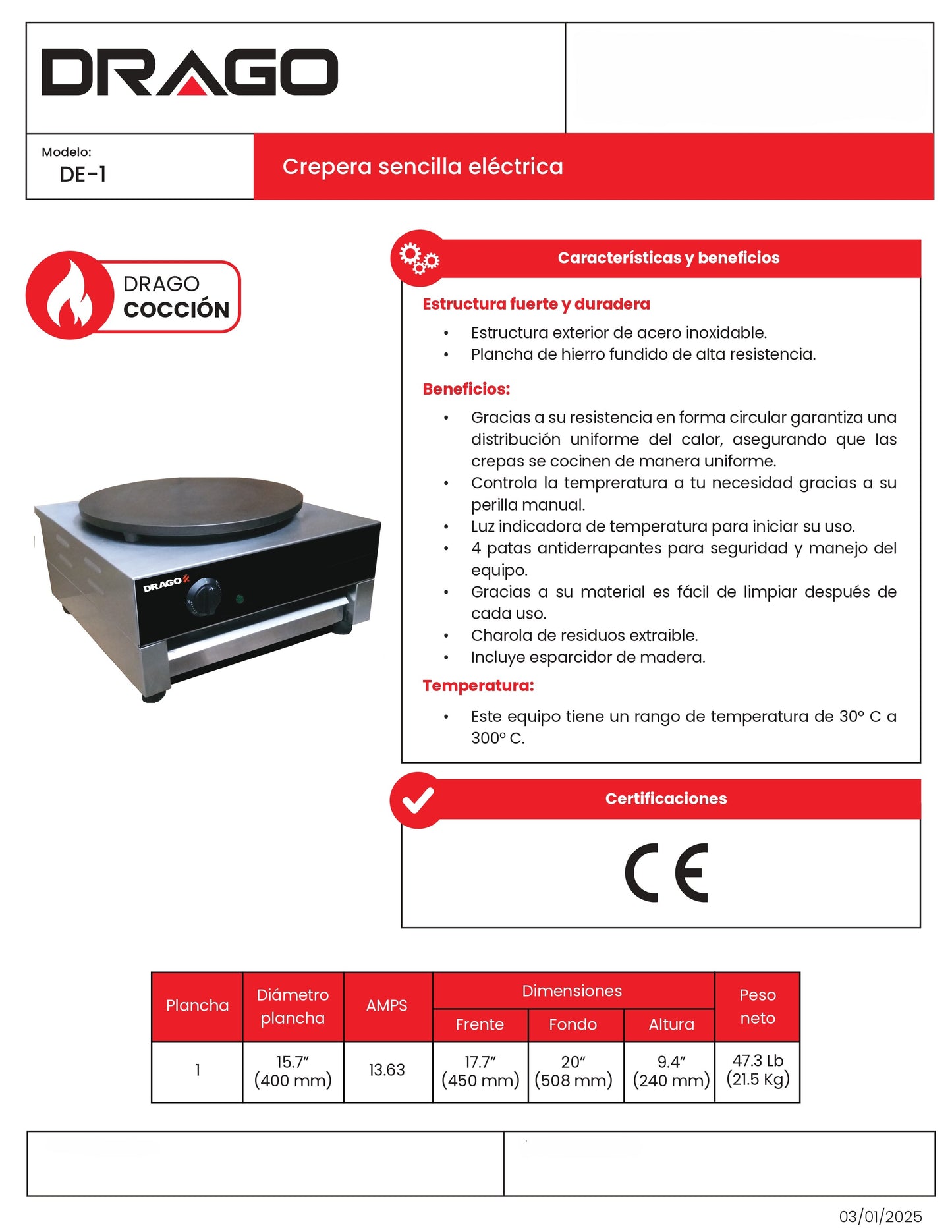 Crepera Sencilla Eléctrica Drago DE-1 30°C a 300°C Acero Inoxidable 110V 40cm diámetro