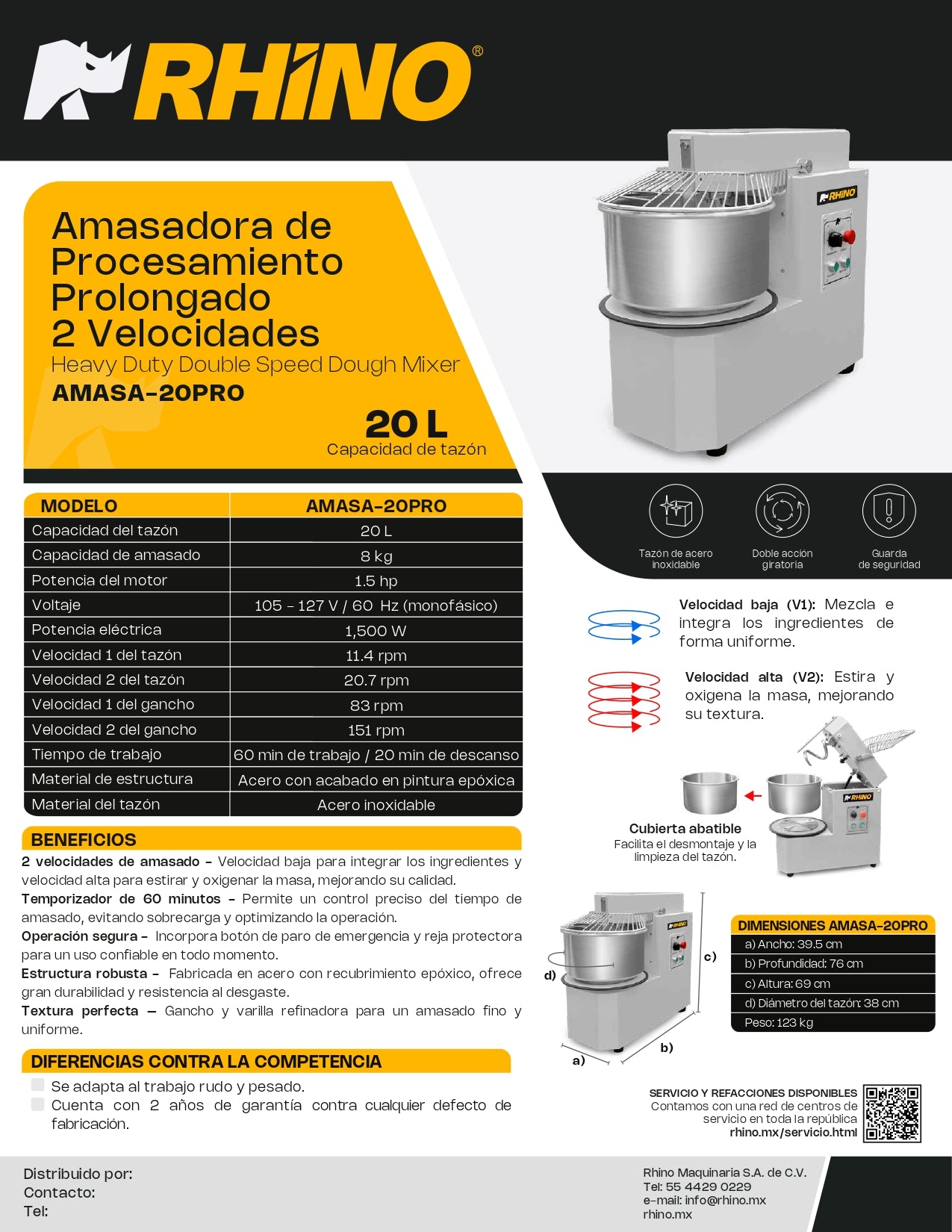 Amasadora Comercial De Procesamiento Prolongado 20 Litros Rhino AMASA-20PRO 2 Velocidades