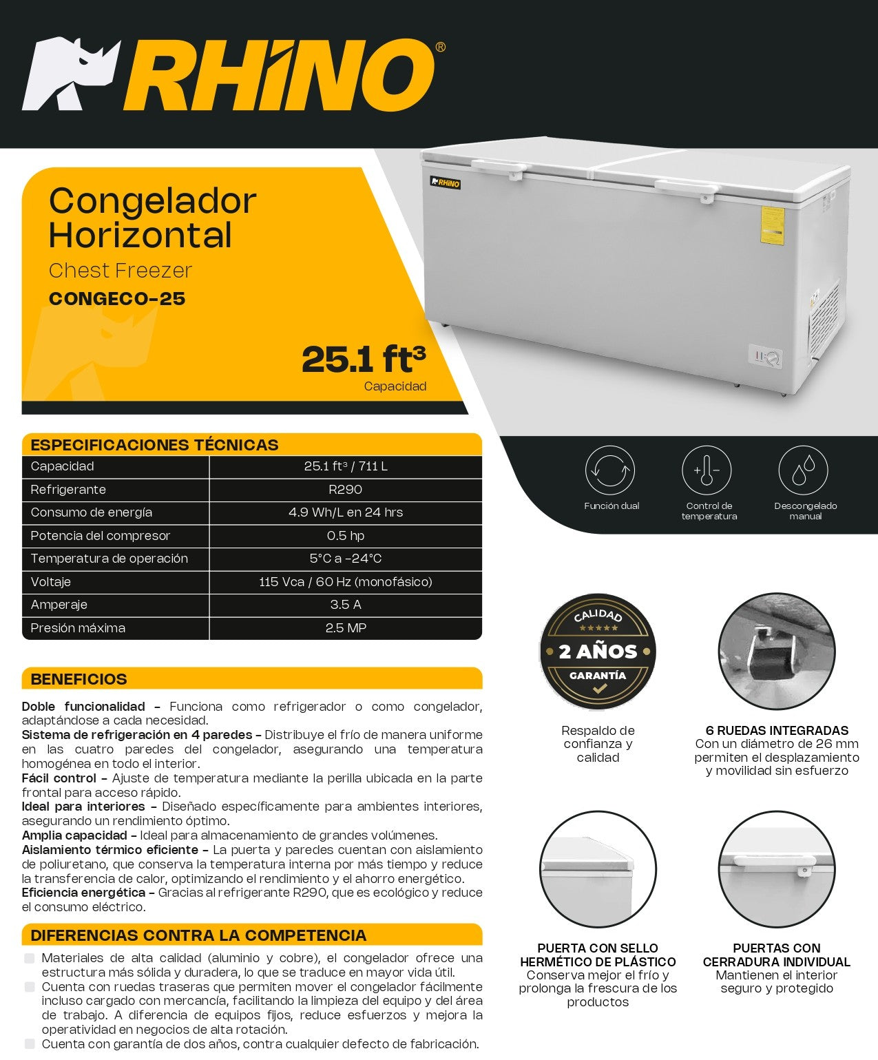 Congelador Horizontal Rhino Congeco25 Pies Temp Dual Gris