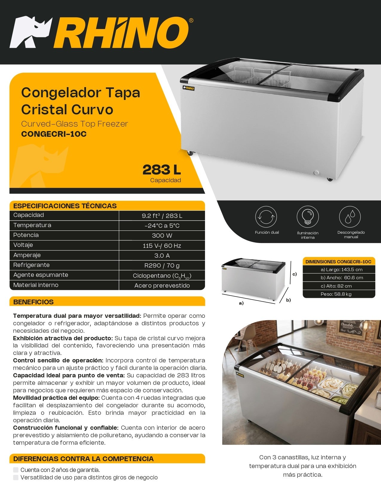 Rhino Congelador Paletero Comercial puerta de cristal CONGECRI-10C 9ft3 rango temperatura R290 117V-24°C a 5°C