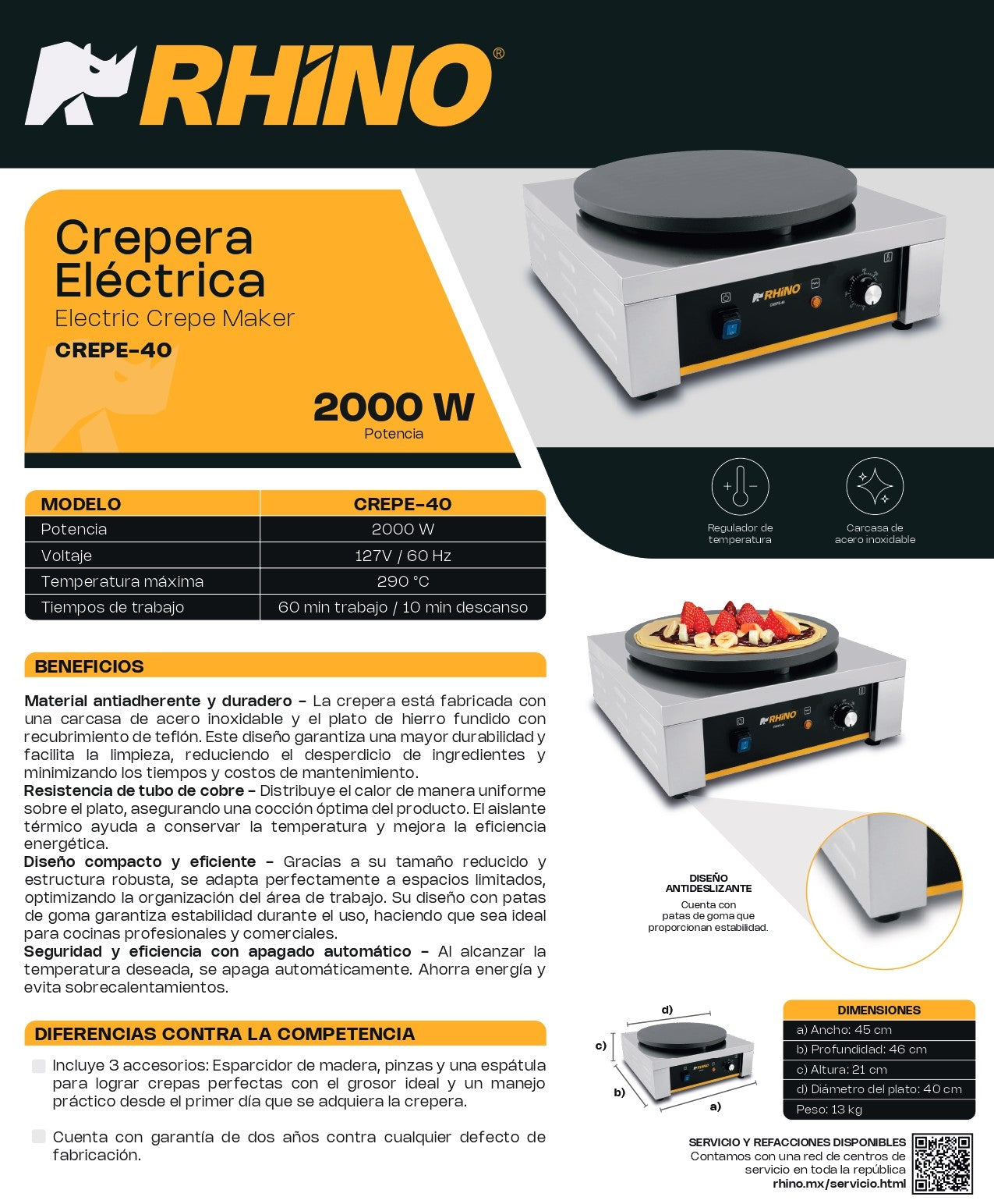 Crepera Eléctrica Rhino 2000w Con Teflón Antiadherente 40cm