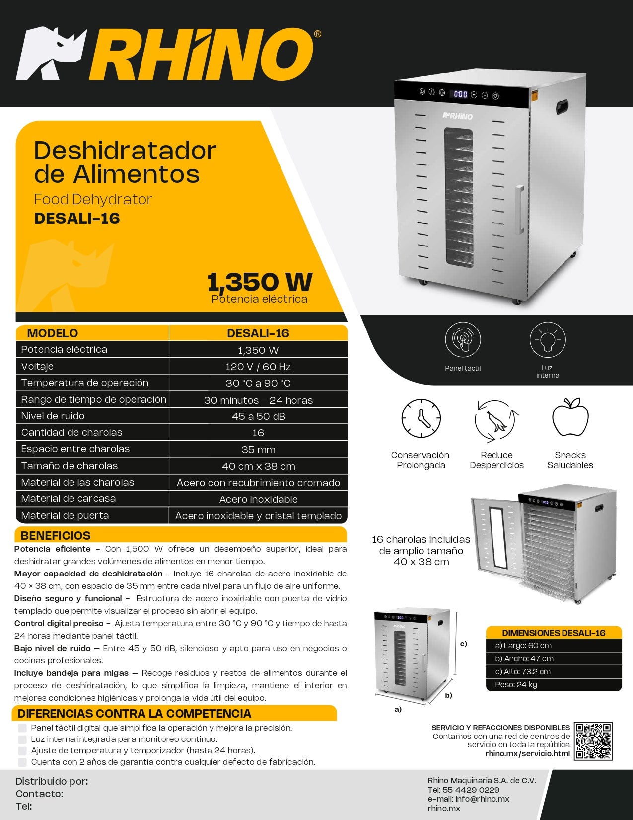 Deshidratador de Alimentos Rhino 16 Charolas 40x38cm Desali-16 1350W