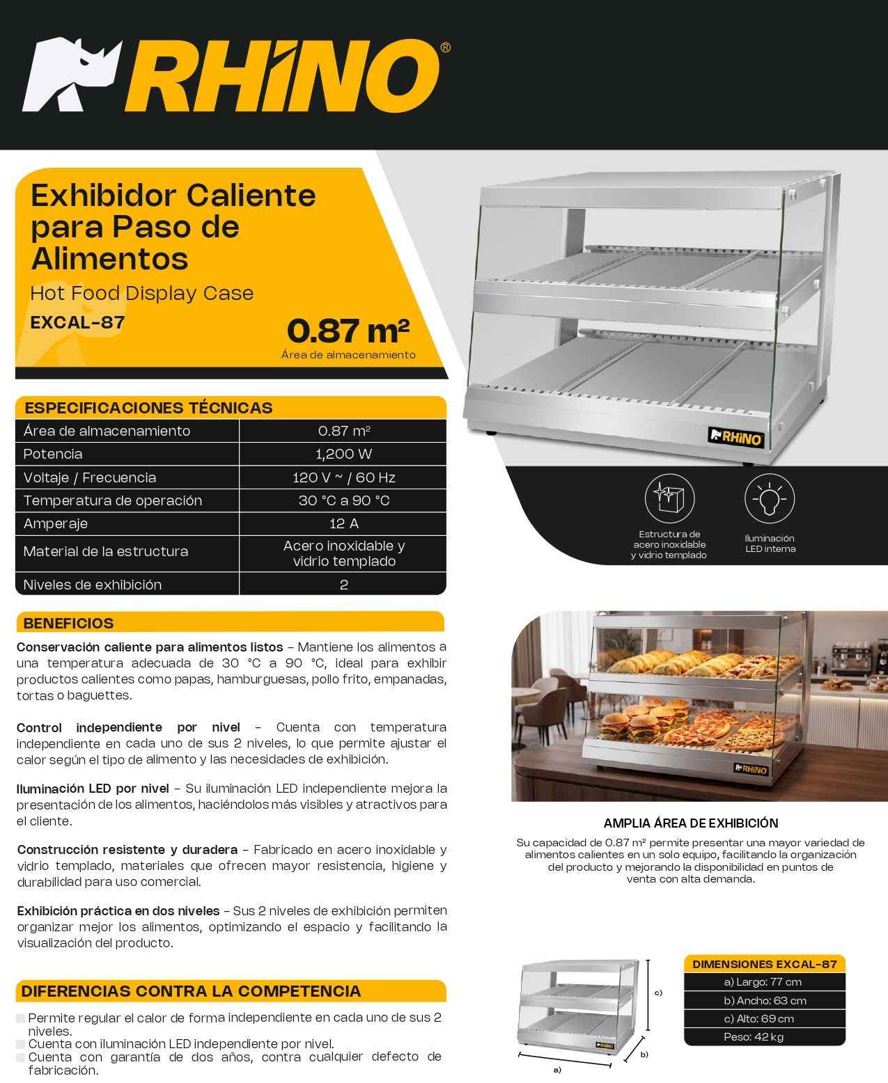 Vitrina Exhibidora Caliente Rhino De Mostrador Excal-87 30°C a 90°C
