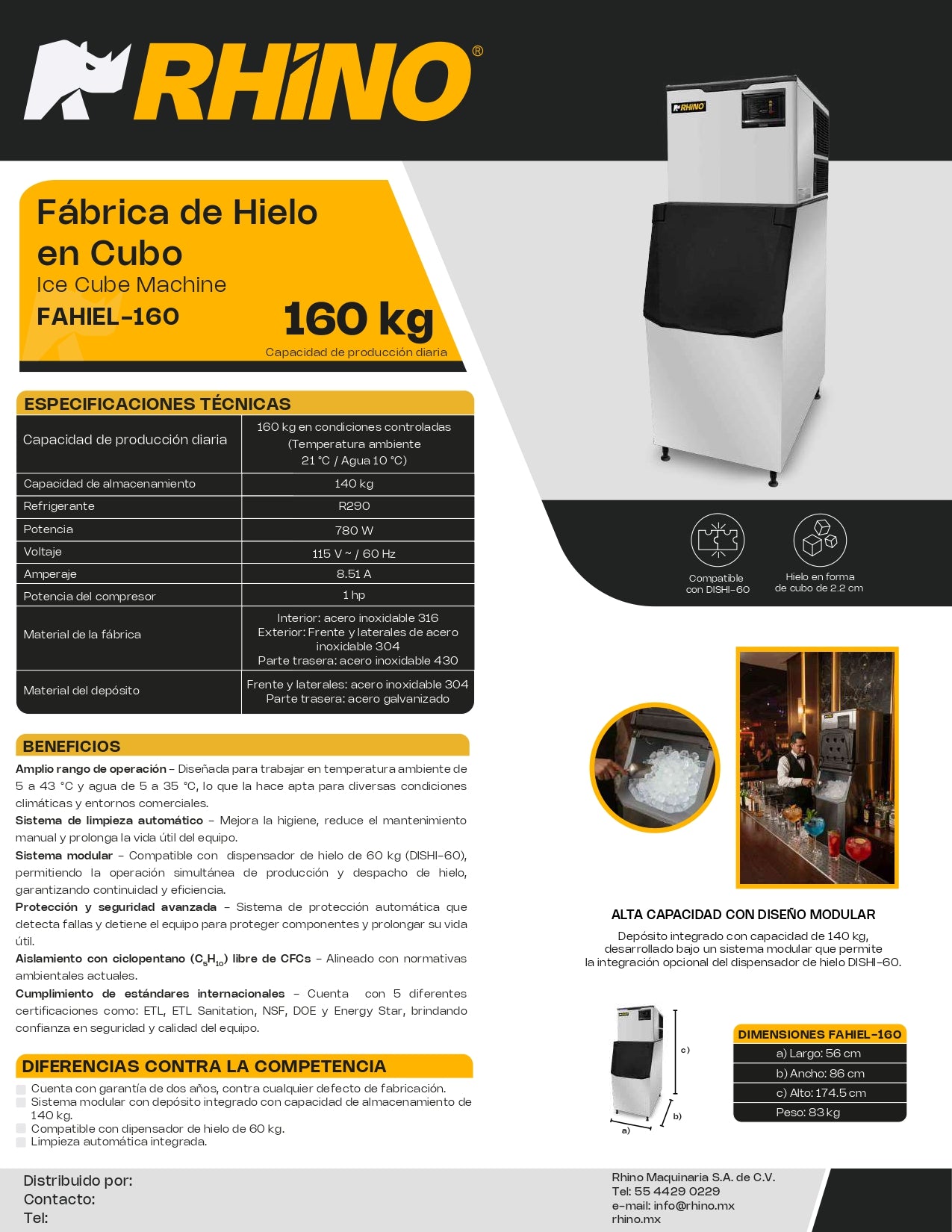 Fábrica De Hielo En Cubo Rhino Fahiel-160 Capacidad de Producción 160Kg Depósito de 140Kg