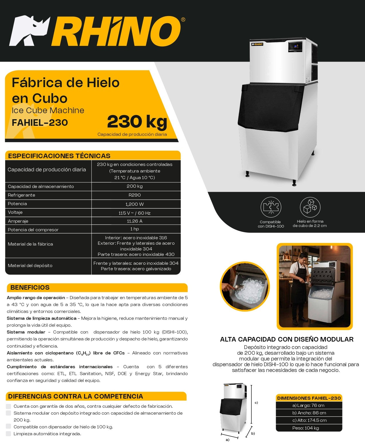 Fábrica De Hielo En Cubo Rhino Fahiel-230 Capacidad de Producción 230Kg Depósito de 200Kg