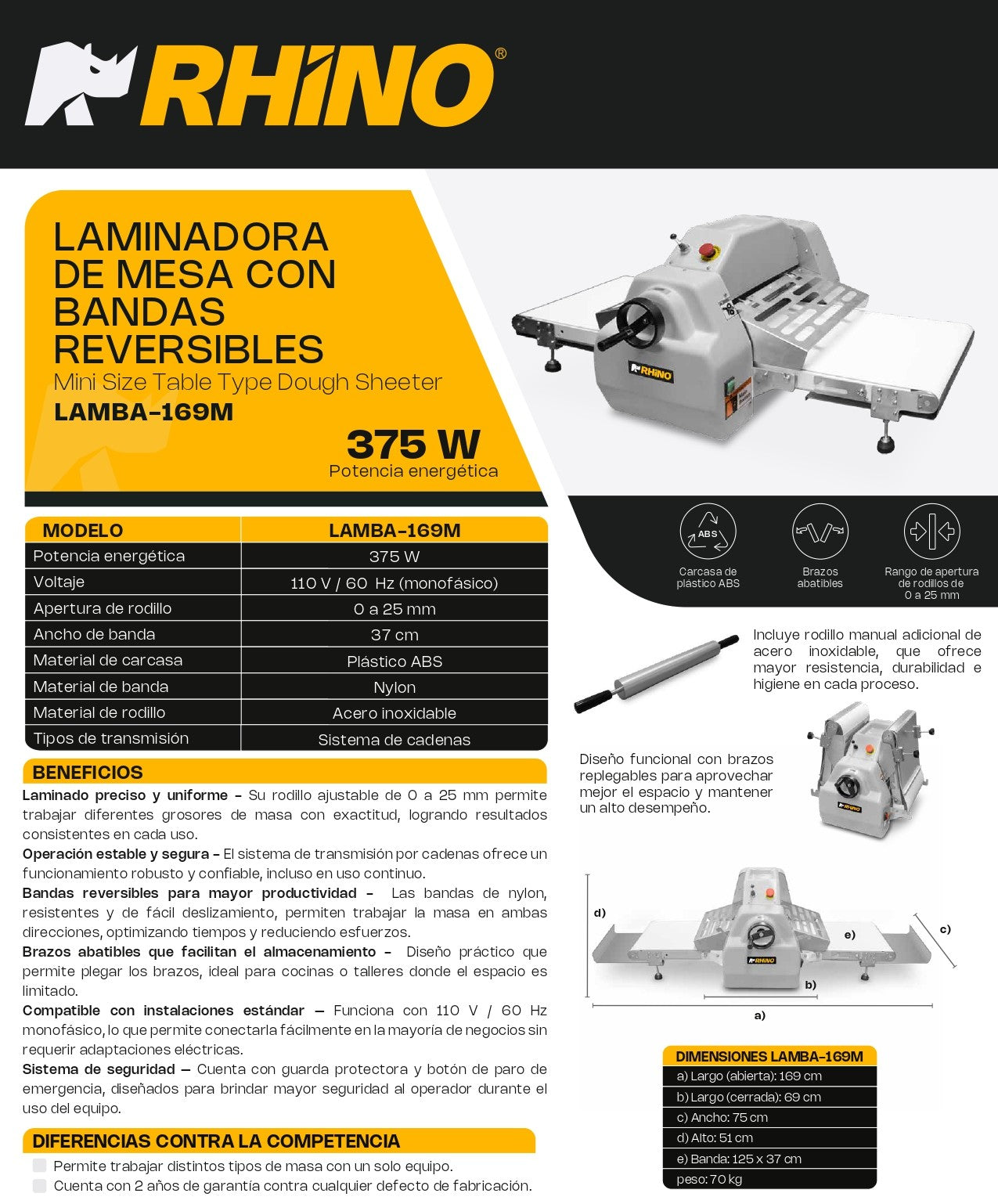 Laminadora De Mesa Con Bandas Reversibles Rhino Apertura de rodillo 0mm A 25mm