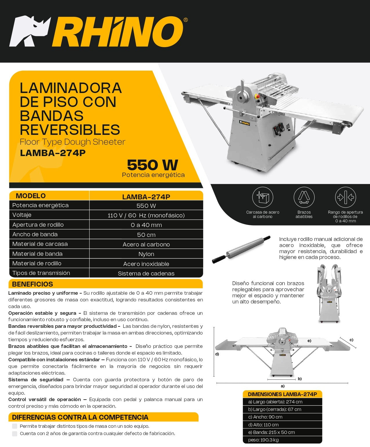 Laminadora De Masa En Piso Con Bandas Reversibles Rhino LAMBA-274P 550w Apertura de 0 a 40 mm