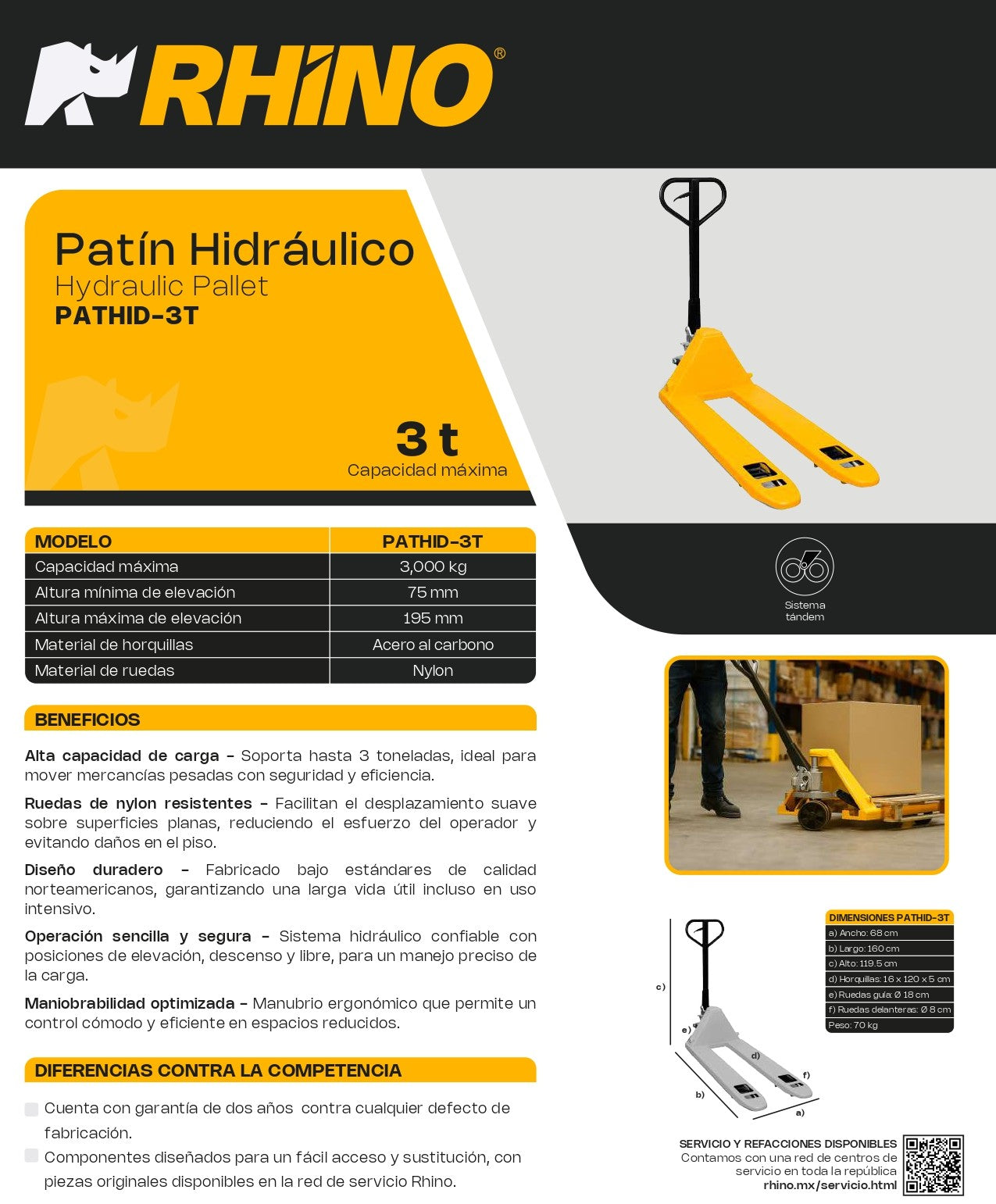 Patín Hidráulico Rhino Pathid-3t Capacidad 3 Toneladas Amarillo