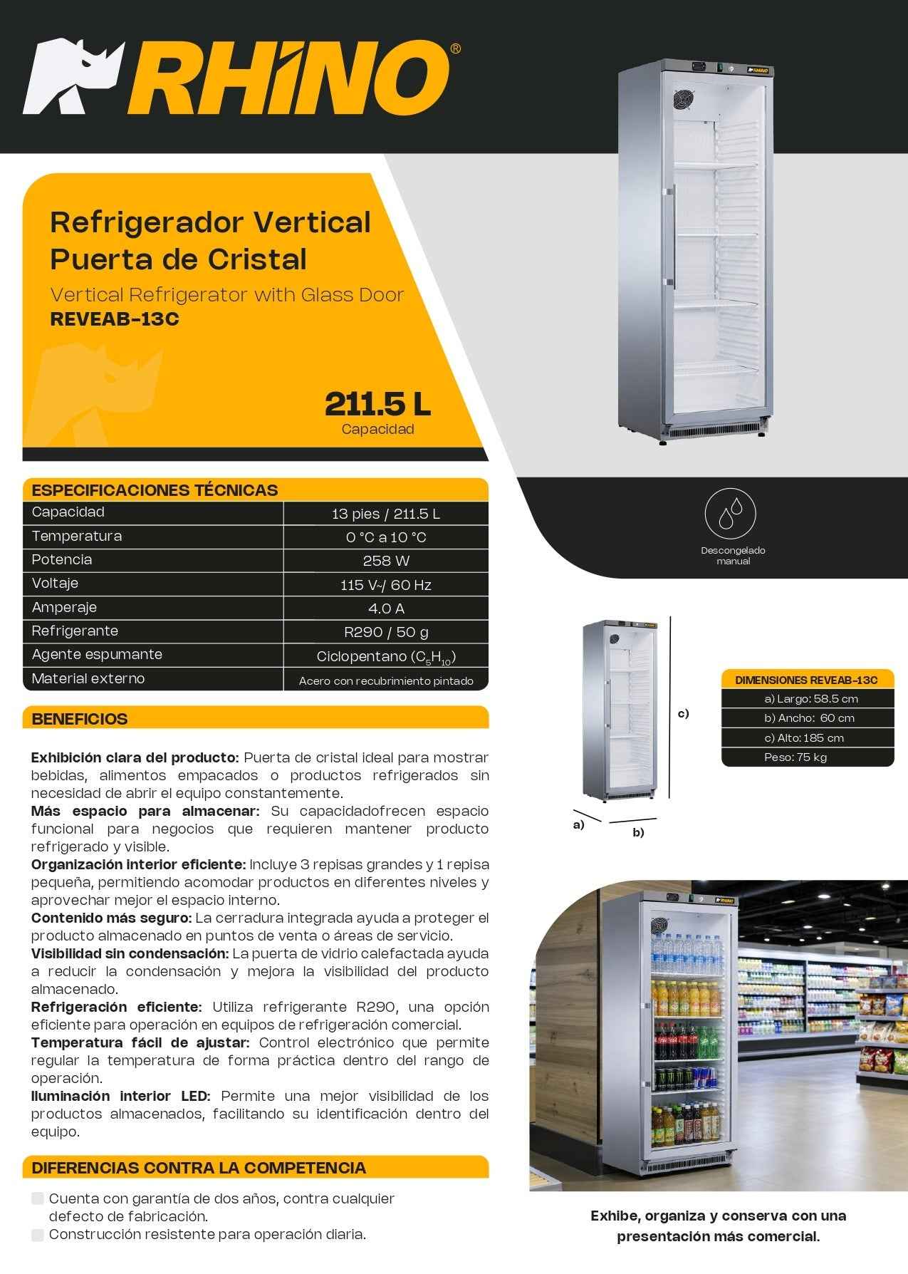 Refrigerador Exhibidor Rhino REVEAB-13C Capacidad 211.5 L 13ft³