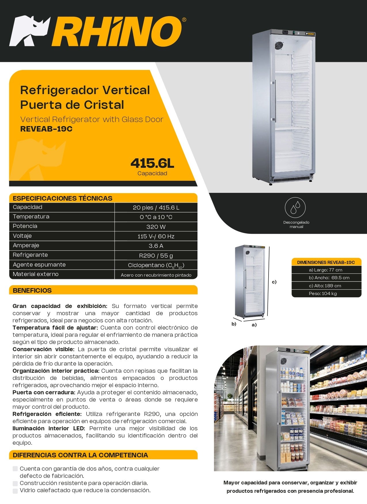 Refrigerador Exhibidor Rhino REVEAB-19C Capacidad 415.6 L 20ft³