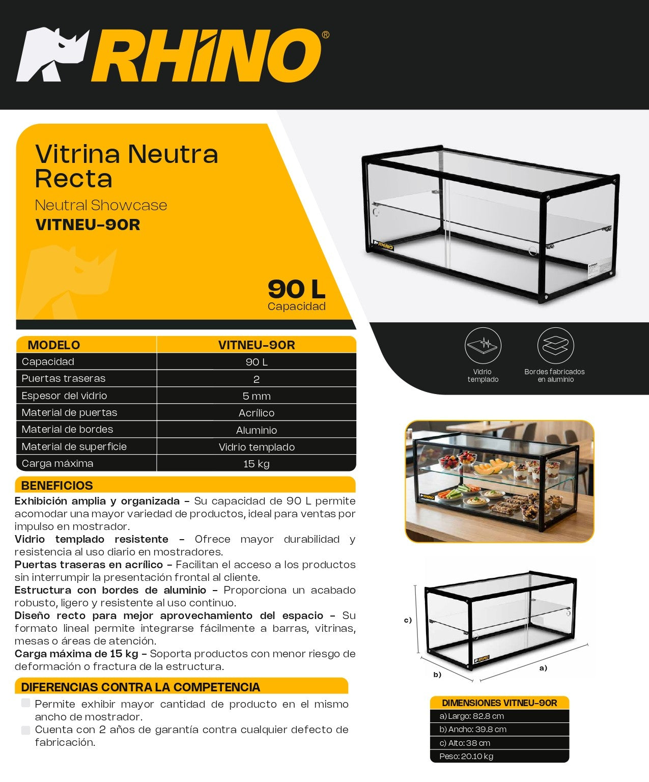 Vitrina Neutra Recta De Mostrador Rhino VITNEU-90R Vidrio Templado 90L