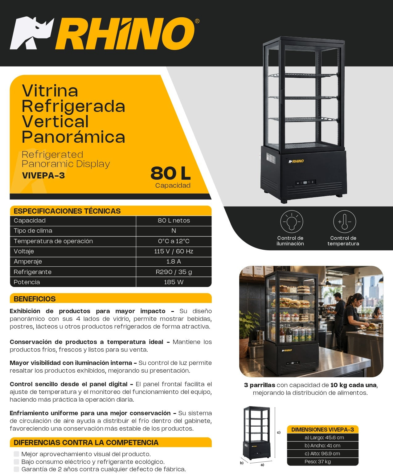 Vitrina Refrigerada Vertical Panorámica Rhino VIVEPA-3 80L 0°C a 12°C