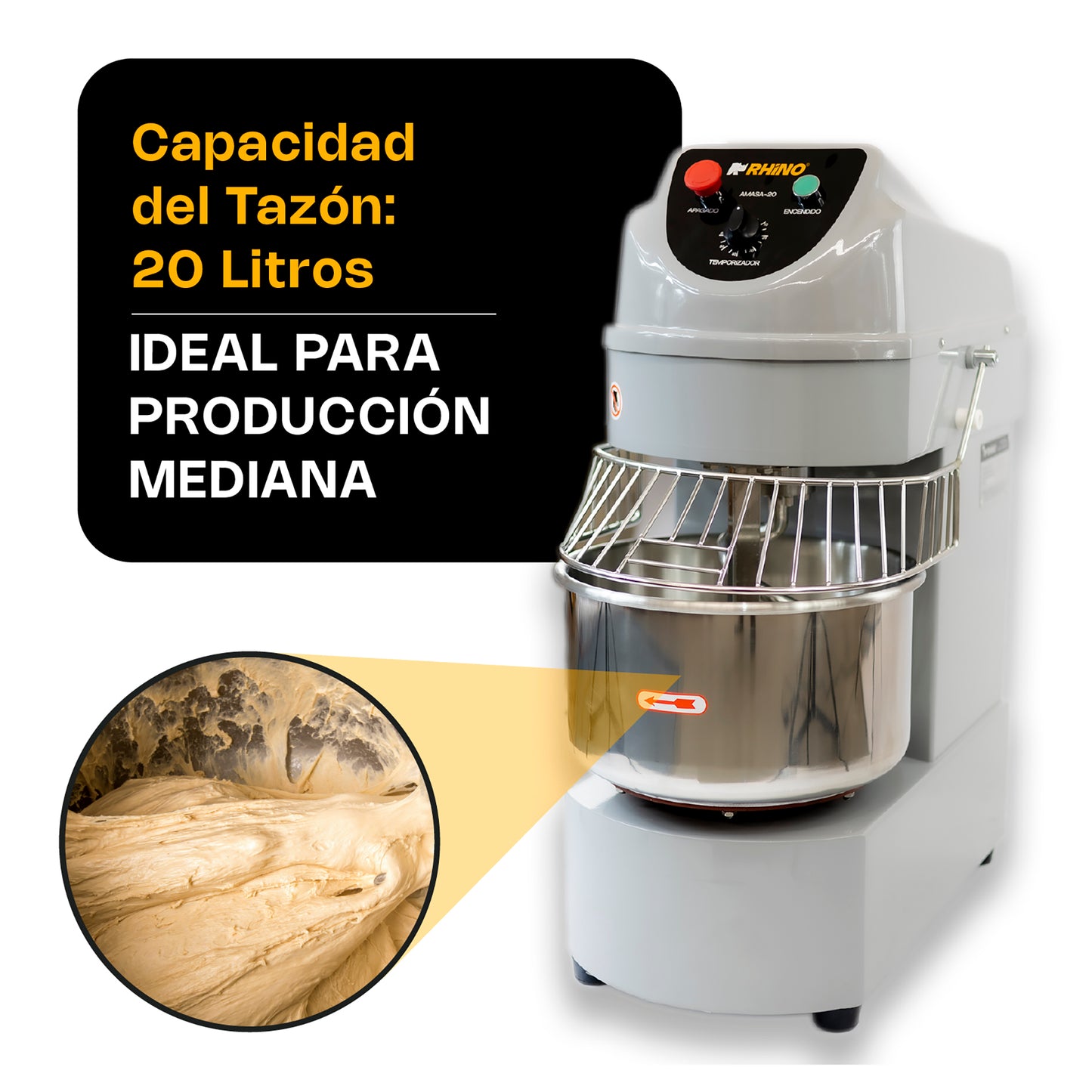 Amasadora Comercial Rhino Amasa20 Capacidad de 20 L o 12 kg de masa preparada