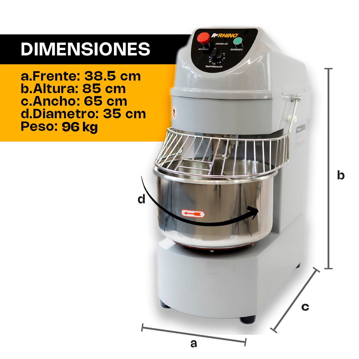 Amasadora Comercial Rhino Amasa20 Capacidad de 20 L o 12 kg de masa preparada