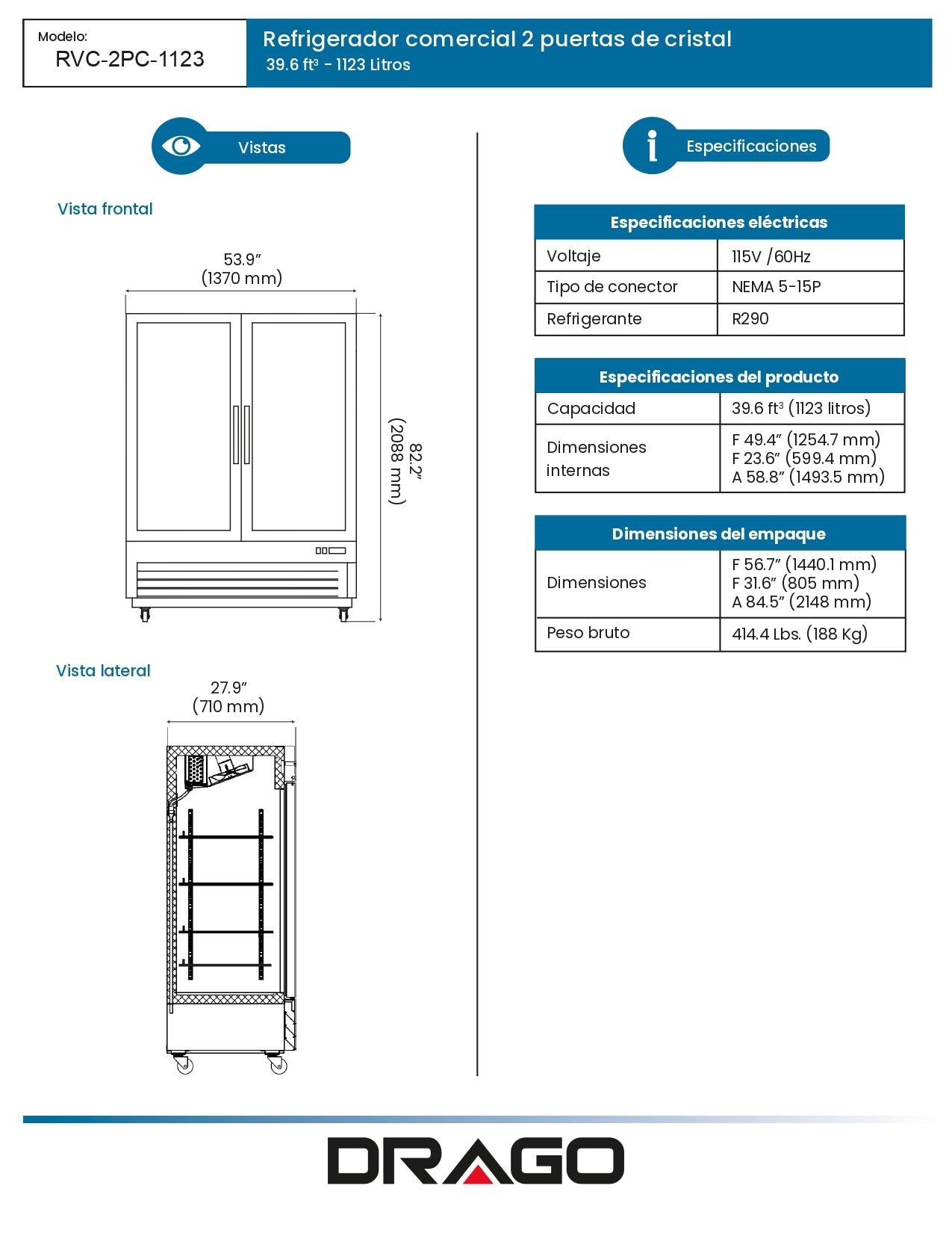 Refrigerador Comercial Vertical Drago 39.6 Pies Rvc-2pc-1123 Negro