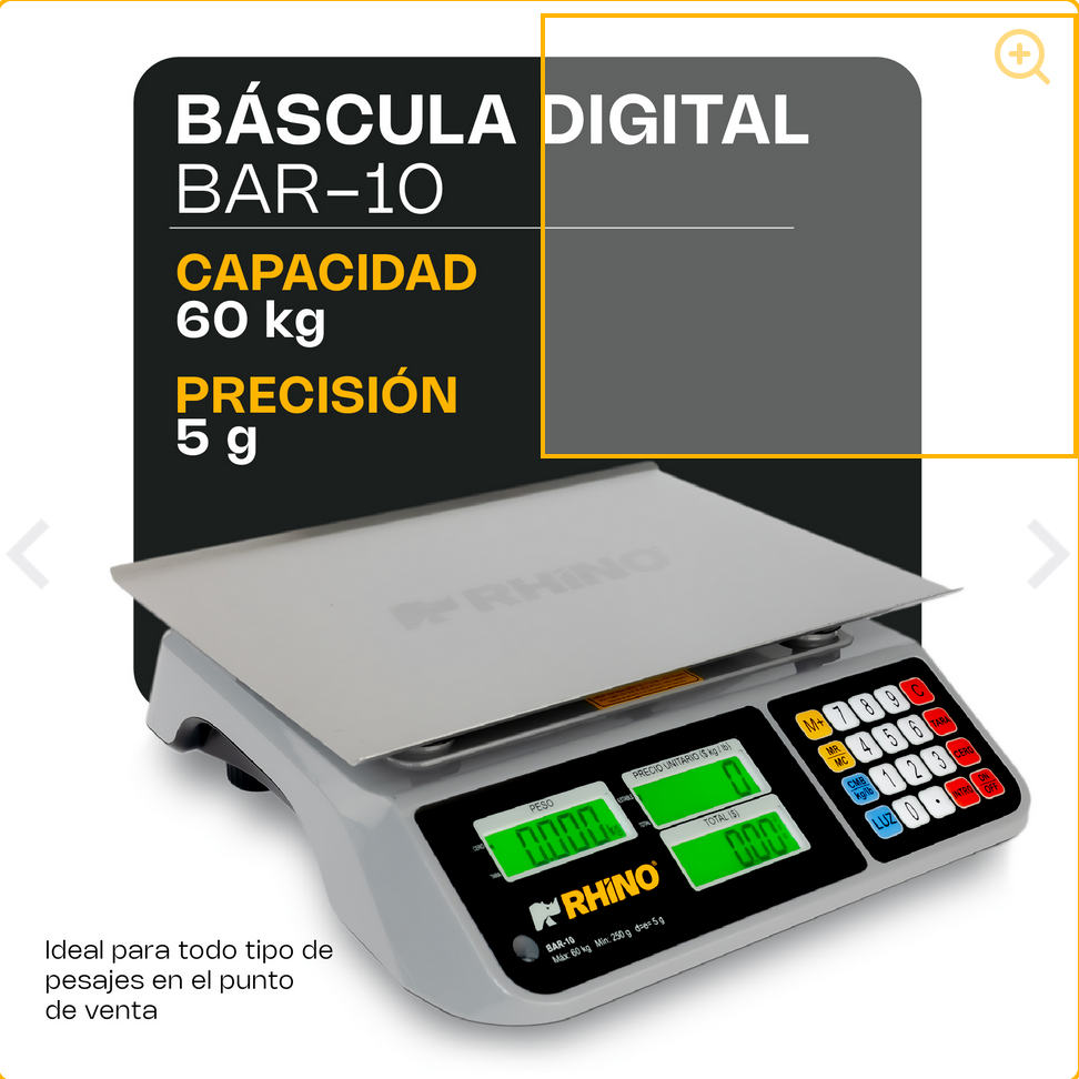 Báscula Digital Rhino Bar10 Capacidad de 60kg Precisión de 5 gramos Plato Grande Con puerto USB