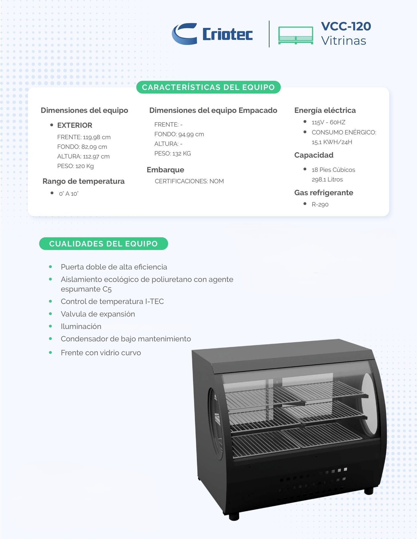 Vitrina Refrigerada Criotec Vcc-120 Cristal Curvo Pastelera 0°C A 10°c