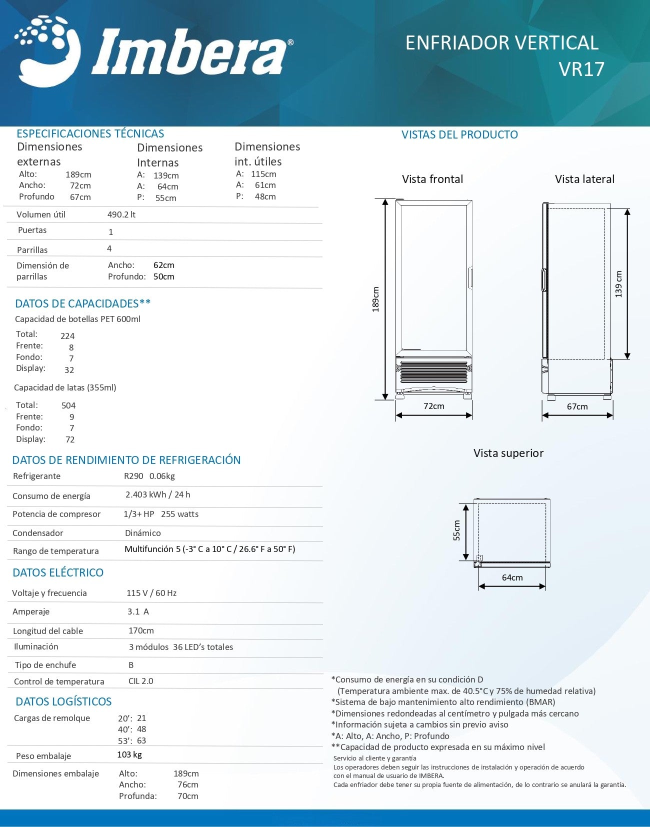 Refrigerador Comercial Imbera 17pies Vr17 -3°c A 10°c Blanco 4 Parrillas