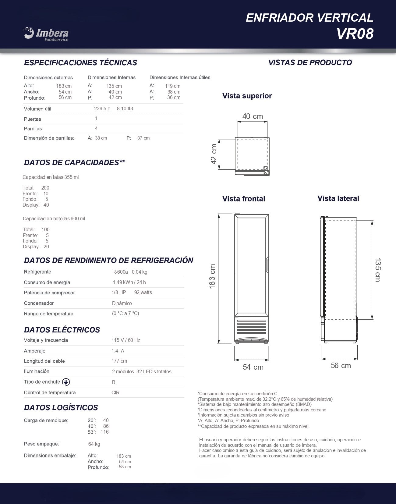 Refrigerador Comercial Imbera 8 Pies Vr08 Blanco 3 parrillas 0°C a 7°C