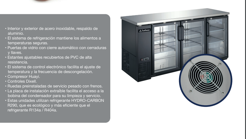 Refrigerador comercial bajo barra CBR3PCSS01 Icehaus 19 pies rango temperatura 0° a 4°C 110V