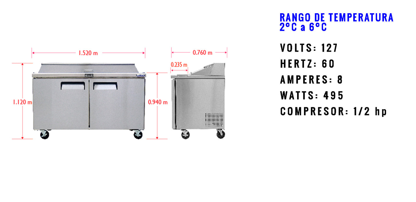 Mesa refrigerada para preparar sandwiches y ensaladas 8 INSERTOS DE 1/3 Cap. 16 ft³