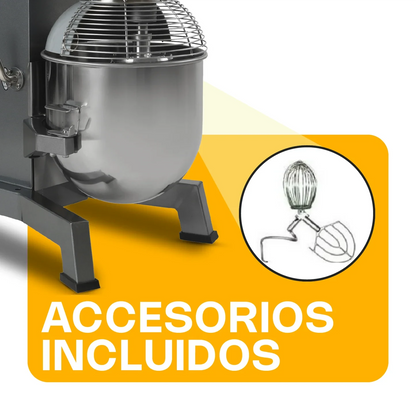 Batidora Planetaria Industrial Rhino Bati-20X Amasado 7.5kg 1000W Globo, Paleta, Gancho