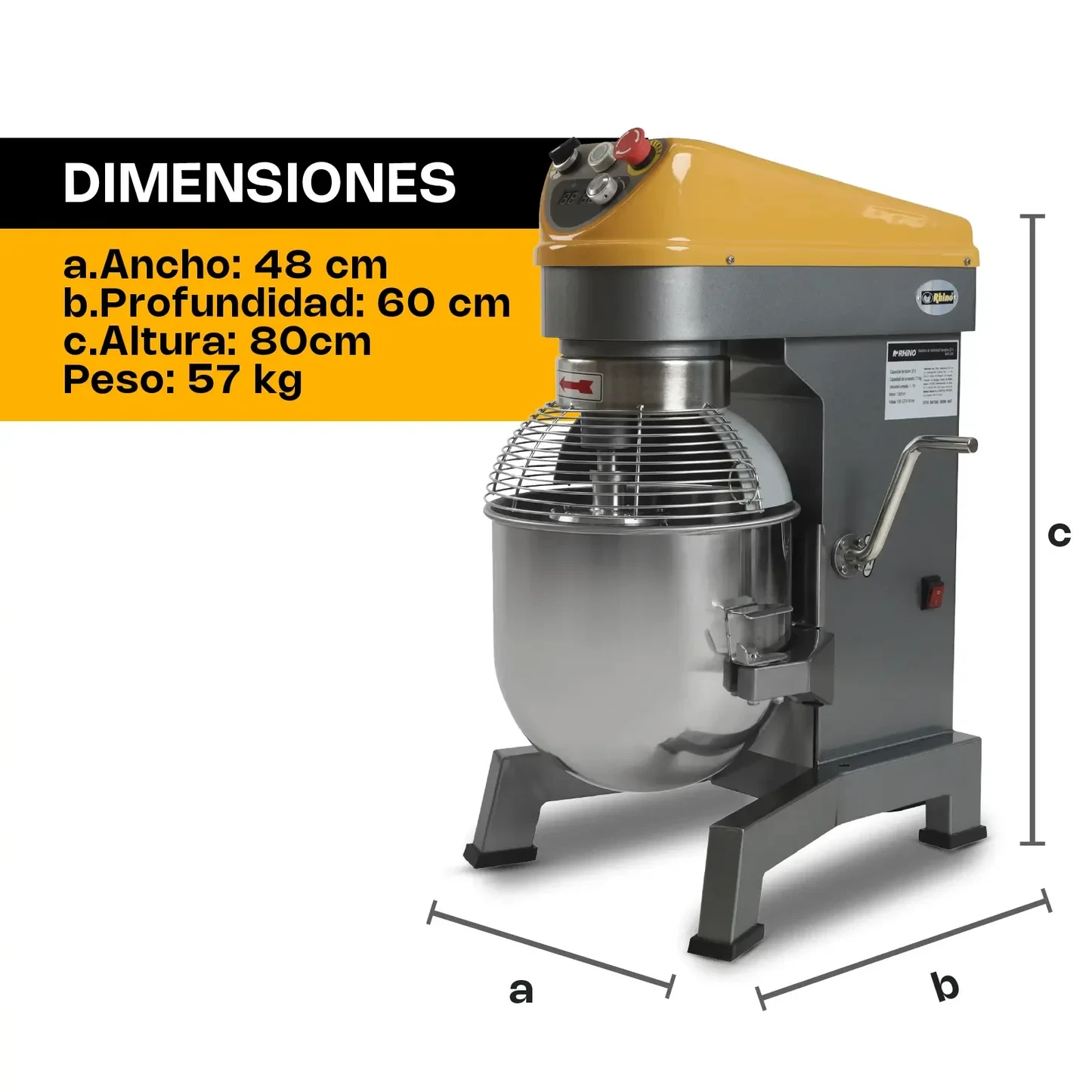 Batidora Planetaria Industrial Rhino Bati-20X Amasado 7.5kg 1000W Globo, Paleta, Gancho