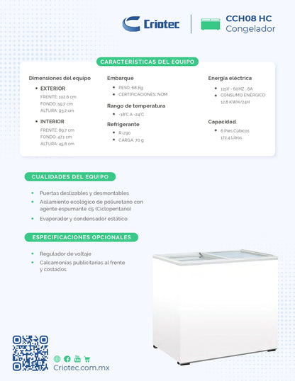 Congelador Paletero Exhibidor Criotec 8ft3 puerta de cristal Cch-08 -18°c A -24°c