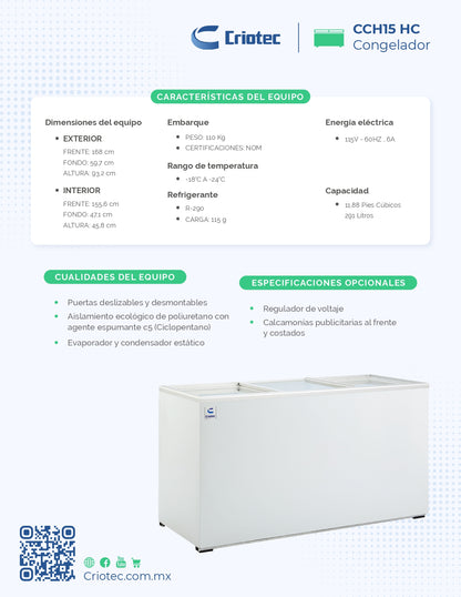 Congelador Paletero Exhibidor Criotec 15ft3 puerta de Cristal Cch-15 -18°c Y -22°c