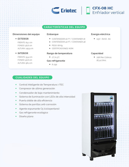 Refrigerador Comercial Vertical Criotec Cfx08 8ft3 2°c A 5°c Blanco