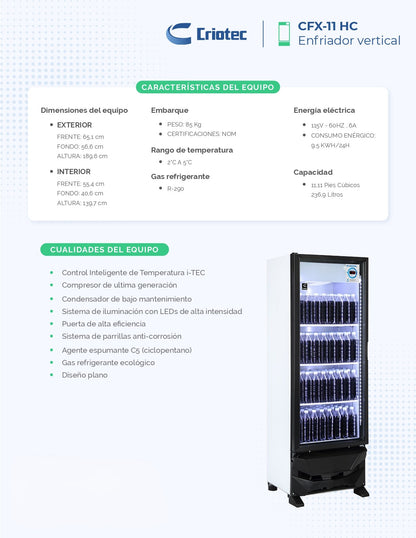 Refrigerador Comercial Vertical Criotec CFX-11 Exhibidor 11.11ft3 Gris