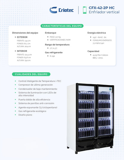 Refrigerador Exhibidor Comercial Vertical Criotec CFX-42 2 A 5°c 42ft3 Color Blanco