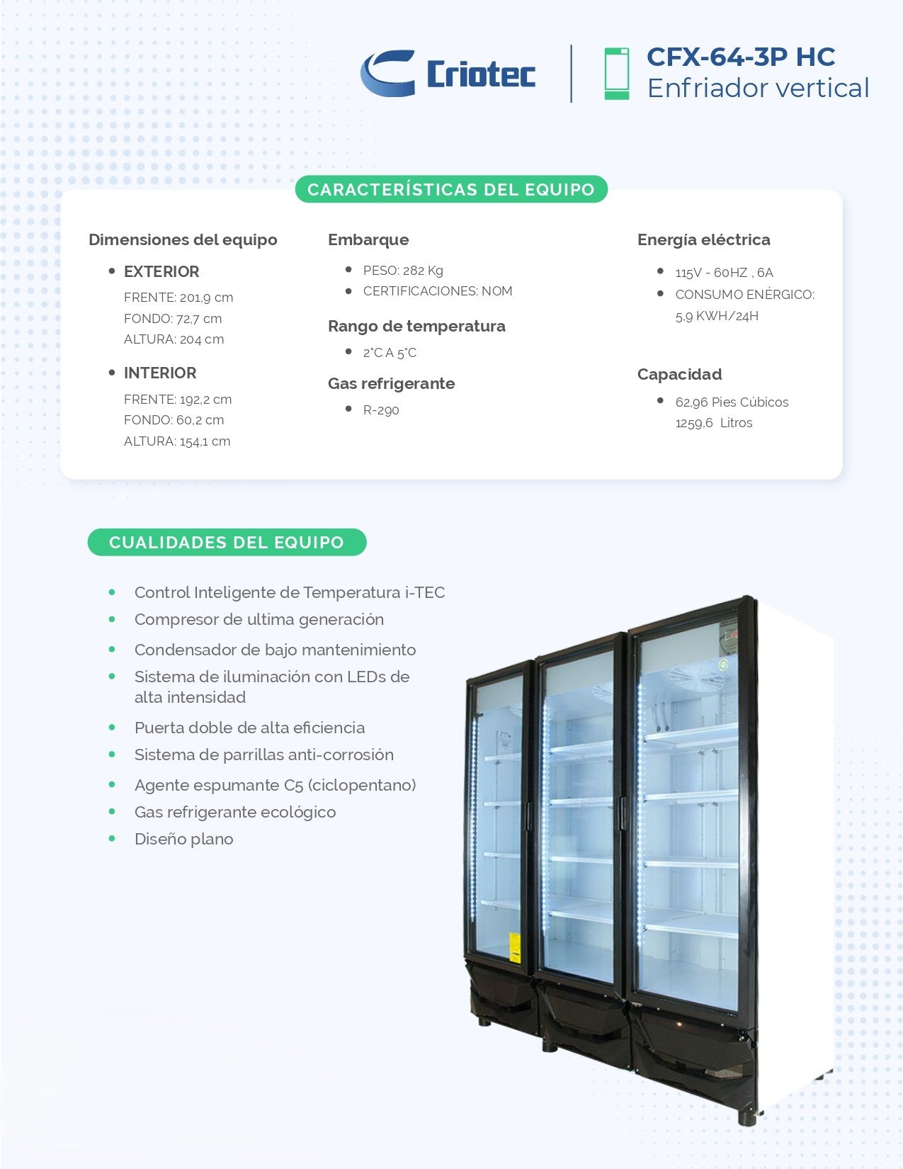 Refrigerador Exhibidor Comercial Vertical Criotec Cfx-64 2 A 5°c 64ft3 Color Blanco