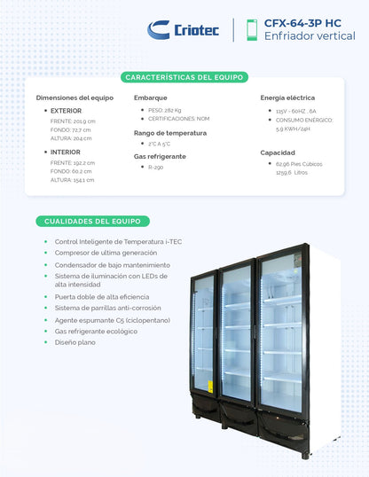 Refrigerador Exhibidor Comercial Vertical Criotec Cfx-64 2 A 5°c 64ft3 Color Blanco