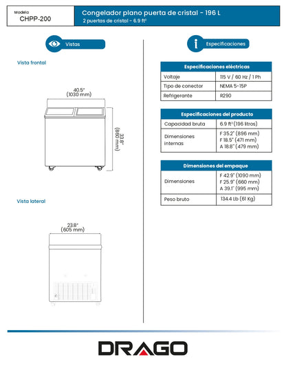 Congelador Paletero Comercial Drago Chpp-200 1.03m Frente