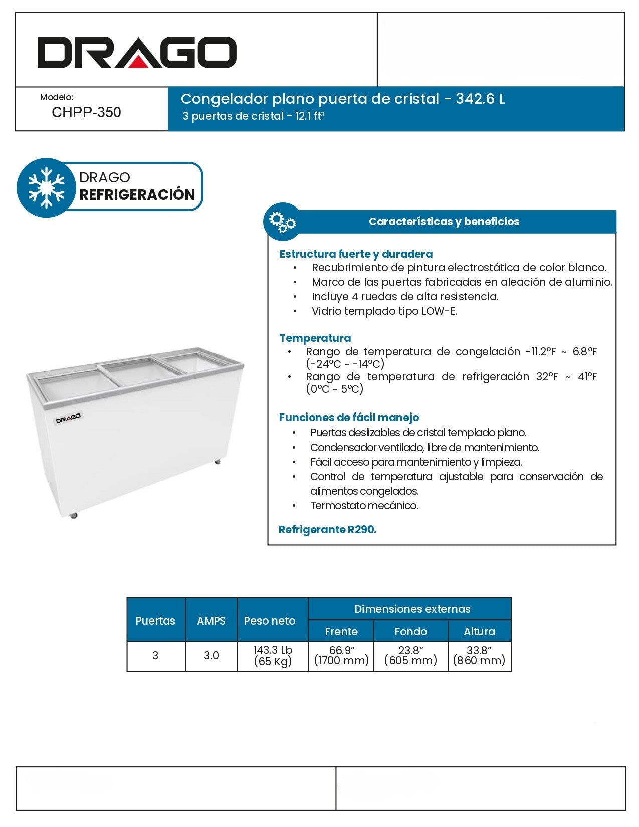 Congelador Paletero Comercial Drago Chpp-350 1.70m Frente