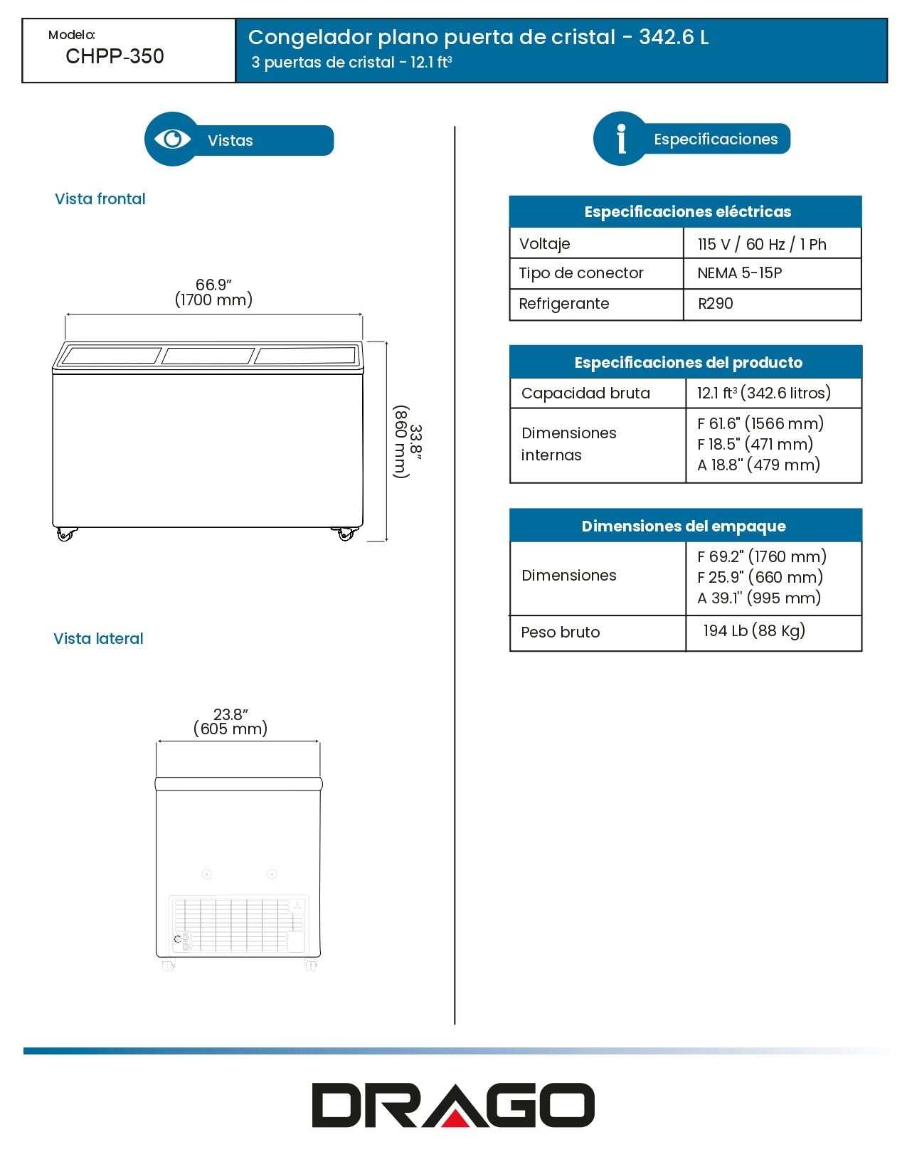 Congelador Paletero Comercial Drago Chpp-350 1.70m Frente