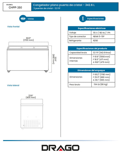 Congelador Paletero Comercial Drago Chpp-350 1.70m Frente
