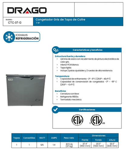 Congelador Horizontal Tapa Cofre 07pies Drago/icehaus CTC07G