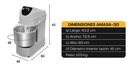 Amasadora Industrial Comercial 30 Litros Rhino AMASA-30 1,500W Doble acción giratoria