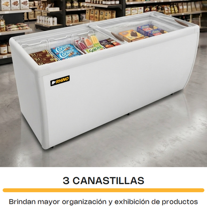 Congelador Horizontal Rhino 450L, Doble Función, Con Tapa De Cristal Y 3 Canastillas