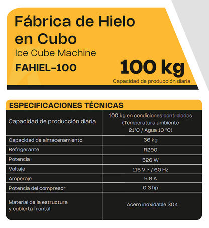 Fabrica De Hielo Comercial Rhino Fahiel-100 Cubo De 2.2cm