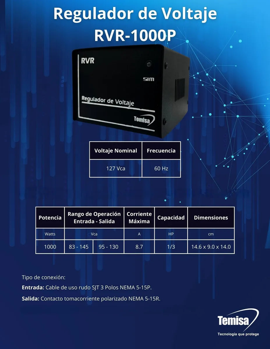 Regulador Motoprotector De Voltaje Temisa 1000 Watts Negro