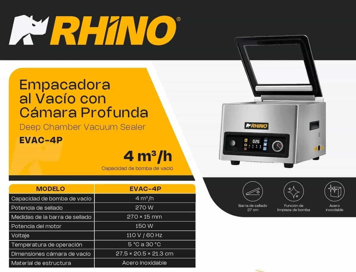 Empacadora Al Vacío Rhino Evac-4p Con Cámara Profunda