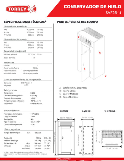 Conservador De Bolsas Hielo Torrey 60 Bolsas de 5 kg 26ft Svf25-i1